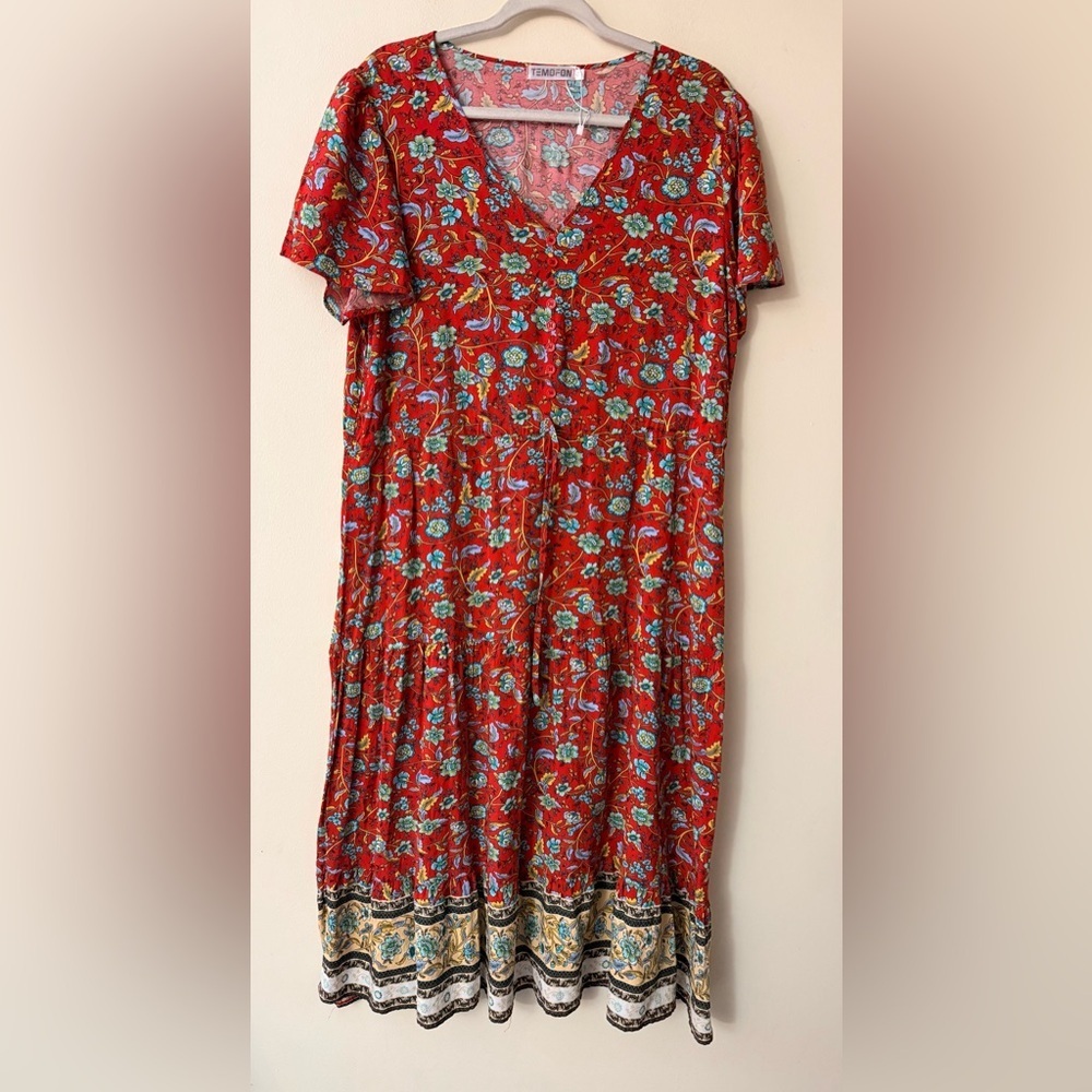 Floral Red Maxi Dress, Amazon Brand TEMOFON, size XL, Cinch Waist